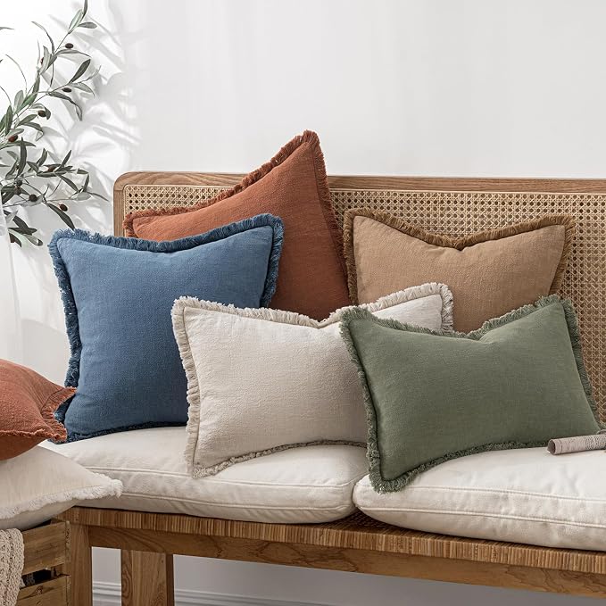MIULEE Boho Linen Fringe Decorative Throw Pillow Covers Blue Ashes 18x18 | Set of 2, Cottagecore Decor, Boho Farmhouse Coastal Pillow Covers, Rustic Couch Cushion Cases for Sofa Bed Living Room