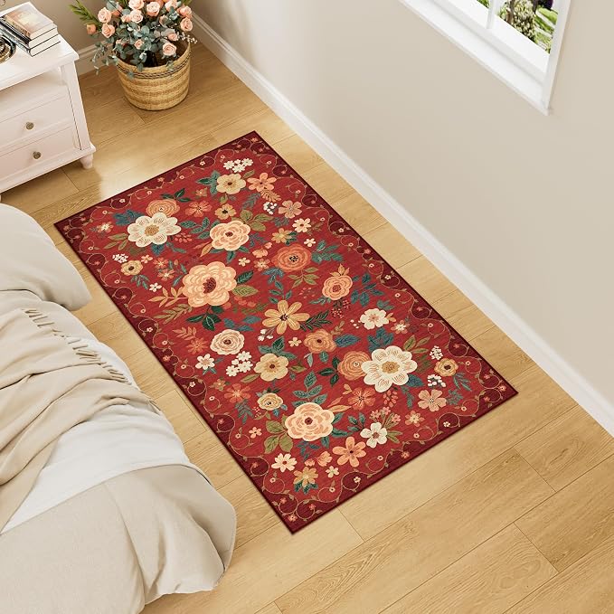DUKINO 2x4 Entryway Rug, Floral Washable Kitchen Rugs Non Slip, Red | Low Pile, Soft Indoor Runner Rug for Hallway, Bedroom, Bathroom, Laundry, Pet Friendly, Modern Home Decor, Stain Resistant