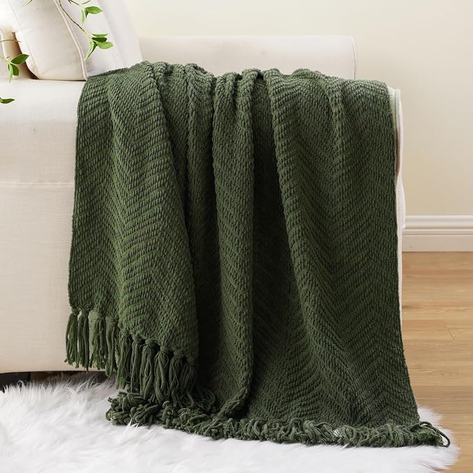 BATTILO HOME Olive Green Throw Blankets for Couch, 60"x80" | Knitted Dark Green Throw Blanket for Bed, Super Soft Warm Large Throws for Home Decor