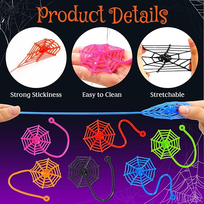 24 PCS Sticky Spider Web for Kids, 7.6 Inches Cobweb Sticky Hand Toys, Halloween Spider Party Favors for Goodie Bag Stuffers, Birthday, Classroom Prizes Supplies (6 Colors)