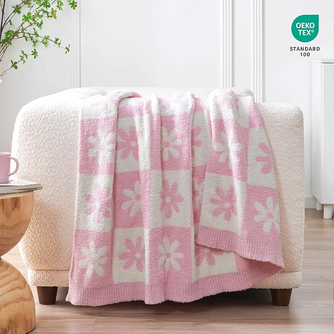 Snuggle Sac Checkered Blanket, Pink Flower Throw Blanket for Couch Plaid Microfiber Fluffy Warm Cozy Fuzzy Soft Throw Blanket Reversible Checkered Blankets for Sofa, Chair, Bed, 50x60 inches