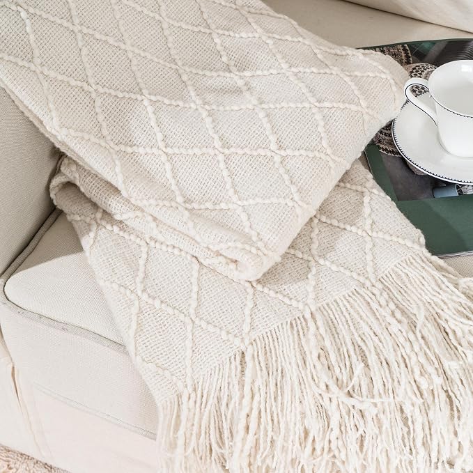 BATTILO HOME Cream Throw Blanket for Couch, Boho Bedroom Decor Throws, Decorative White Throw for Sofa Living Room, 50"x60" | Boho Bedroom Decor Throws, Decorative White Throw for Sofa Living Room
