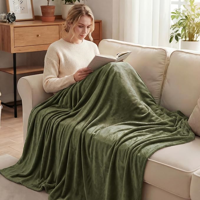 Exclusivo Mezcla Soft Fleece Blanket Twin Size for Bed, Olive Green | 90x66 Inches, Double-Sided Brushed Flannel, Lightweight Plush Cozy Blanket for Home Decor, All Season, Machine Washable