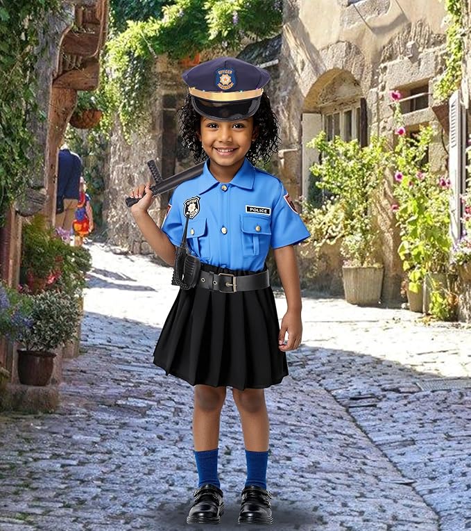 Meland Police Officer Costume for Girls - Halloween Dress Up for Girl Age 3-12, Role Play Outfit for Halloween Career Day