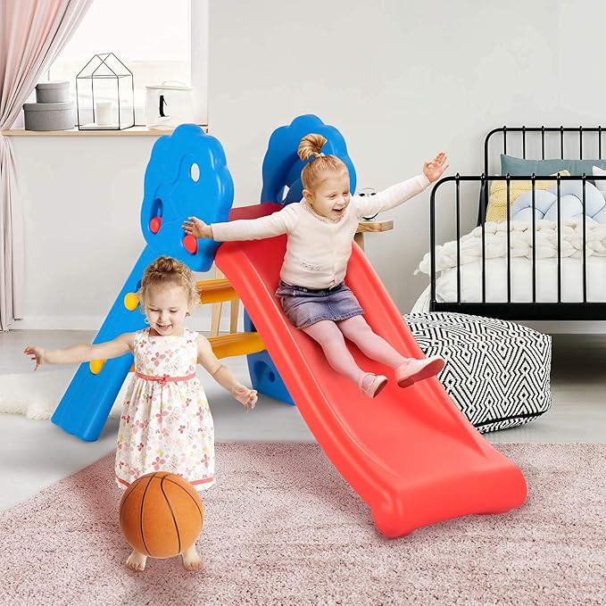 KOTEK Folding Toddler Slide for Indoor and Outdoor, Freestanding Plastic Baby Slide Climber Playset, Easy to Store, Anti-Slip Steps, Kids Playground Toy Ages 3-5 (Light Blue)