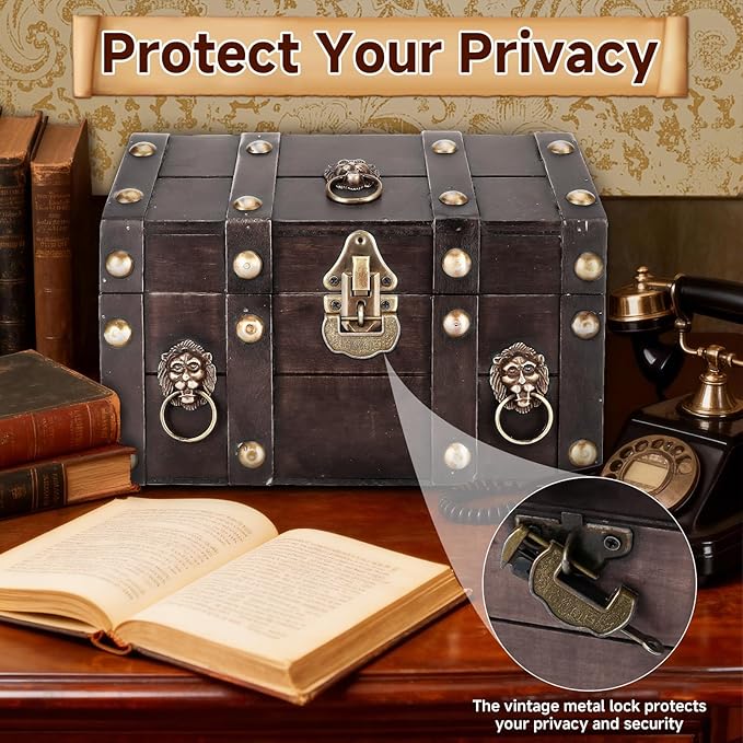 Large Vintage Wooden Treasure Chest Antique Box with Metal Lock | Wood Jewelry Box Storage Decorative Boxes Handmade Rectangle Organizer for Women Ring Necklace Earring Coins Collectibles