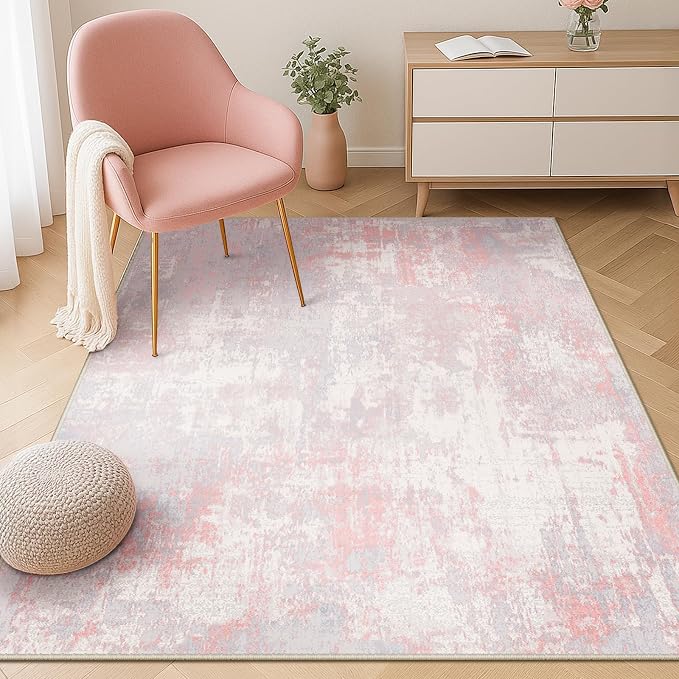 RELEANY Washable 3'x5' Abstract Area Rug for Living Room Gray Pink | carpet for bedroom, kitchen, office, hallway and entryway, printed pattern, non-slip, soft, stain-resistant, easy to clean