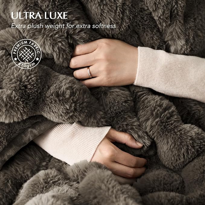 Faux Rabbit Fur Bubble Throw Blanket, 50"x60", Dark Taupe | Ultra Soft, Luxury Faux Rabbit Fur Throw, Thick Warm Bubble Blanket, Cozy Fluffy Reversible, for Bed, Couch, Chair, Sofa