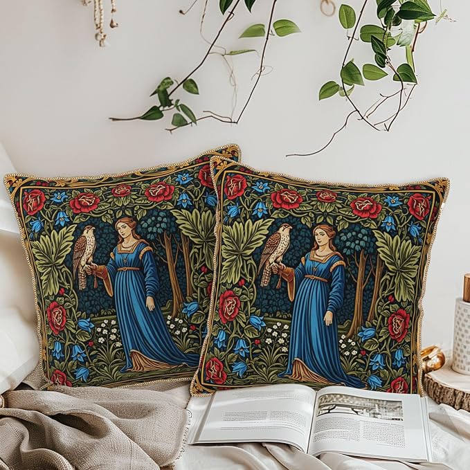 Vintage Floral Leaves Velvet Pillow Covers 16x16 Inch Tapestry Art Red Blue Flowers Bird Throw Pillows For Couch Cushion Covers Pillowcase European French Country Pillow Cases for Sofa Bed Bedroom