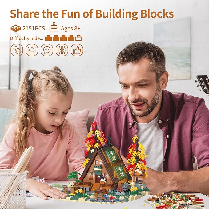 Wood Cabin Building Blocks Set with LED Lights-2151PCS Micro Bricks,Forest Wood House Building Toy Kit,Miniature House Model Decorations, Funny Birthday, for Age8+ Kids Adults