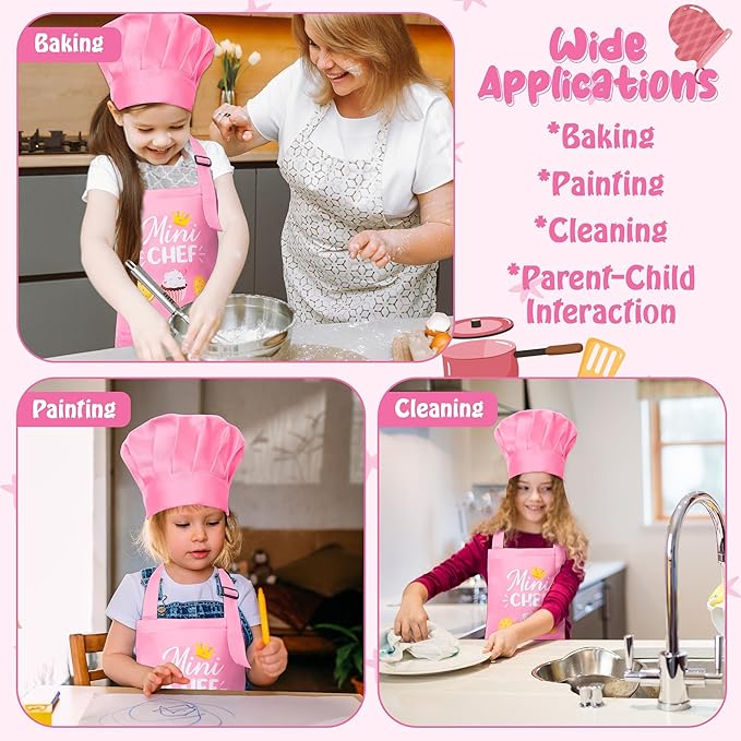 R HORSE Kid Apron and Chef Hat Set 2Pcs Adjustable Children Light Pink Kitchen Toddler Apron for Girls, Role Play Chef Toy Cooking Baking Painting and Training Kits Kid Funny Cooking Birthday Gift
