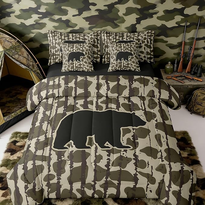 Feelyou Camouflage Camo Bear Comforter Set with Sheets 7 Piece Twin Size Cute Hunting Wild Animal Deer Bedding Set for Kids Boys Girls Rustic Farmhouse Bed in a Bag Decor Soft Lightweight Microfiber