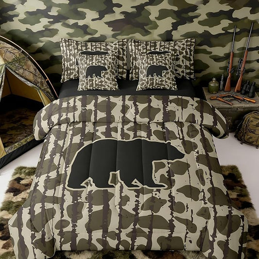 Feelyou Camouflage Camo Bear Comforter Set with Sheets 7 Piece Twin Size Cute Hunting Wild Animal Deer Bedding Set for Kids Boys Girls Rustic Farmhouse Bed in a Bag Decor Soft Lightweight Microfiber