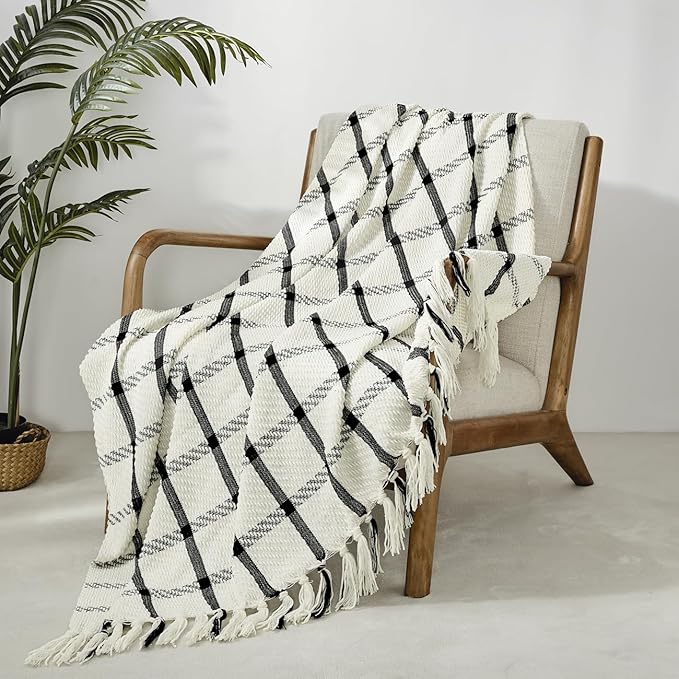 CREVENT 50"X60" Farmhouse Breathable Soft and Warm Chenille Plaid Throw Blanket for Sofa Couch Bed, Home Decoration Throw with Tassles (Black & White)