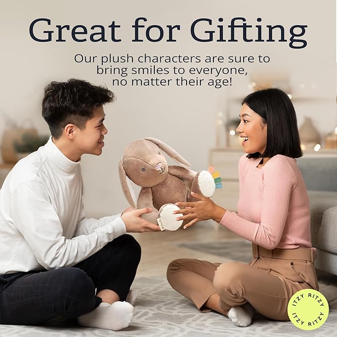 Itzy Ritzy Snuggles Plush Toy – Soft Stuffed Animal for Babies, Kids & Adults – Sensory Ribbons & Textured Fabrics for Tactile Play – Cozy & Cuddly Companion for Newborns & Up (Taupe Bunny)