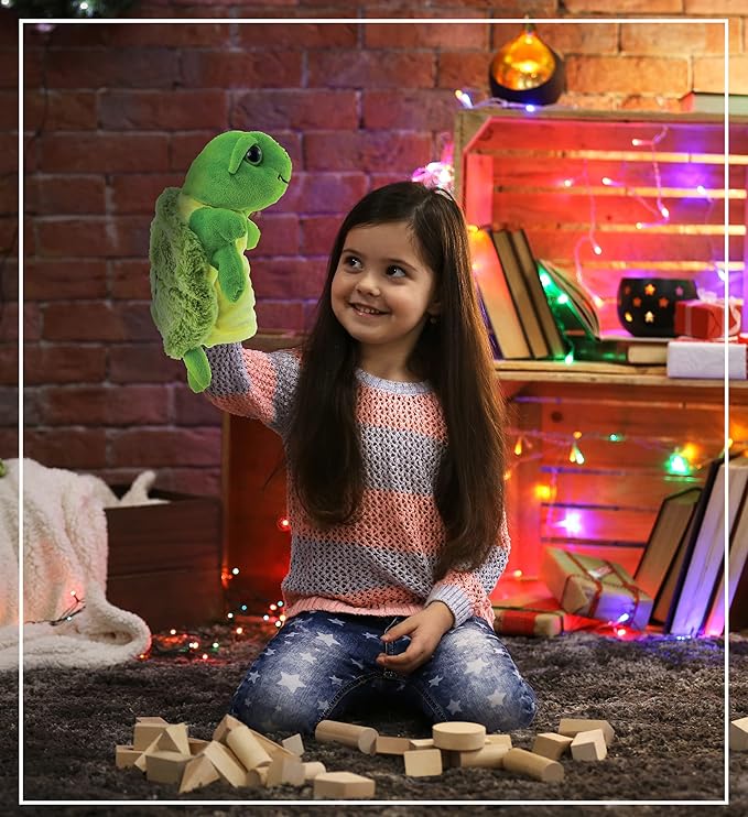 DolliBu Sea Turtle Hand Puppet - Super Soft Stuffed Animal Hand Puppets for Kids, Educational Hand Puppet Plush Toy for Kids and Adults, Ocean Life Animal Puppet for Teaching and Puppet Show - 10 Inch