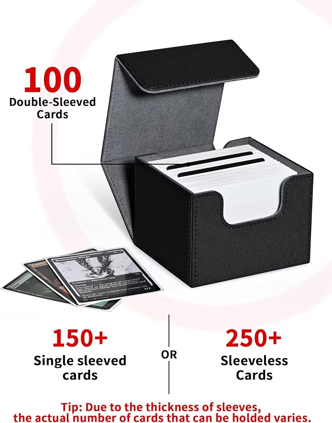 ZLCA Card Deck Box with 2 Dividers for MTG Cards, Large Horizontal Card Storage Box Fits 150+ Single Sleeved Cards, PU Leather Commander Deck Box for TCG CCG (Black)