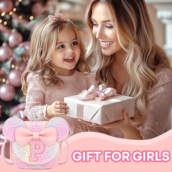 mibasies Toddler Purse Girl Gifts: Girls Birthday Gifts for 3-8 - Toys for Ages 2-4 Girls Mouse Ears Purse, Glitter Rainbow, Letter P