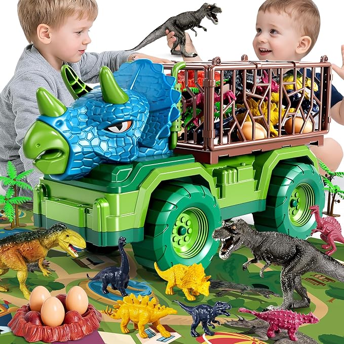 Dinosaur Cars Truck Toys for Kids 3-5 with 8 Dinosaur Figures, Activity Play Mat, Dinosaur Egg, Trees, Jurassic Play Set for Boys and Girls Ages 5-7