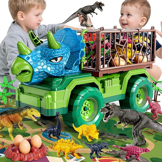 Dinosaur Cars Truck Toys for Kids 3-5 with 8 Dinosaur Figures, Activity Play Mat, Dinosaur Egg, Trees, Jurassic Play Set for Boys and Girls Ages 5-7