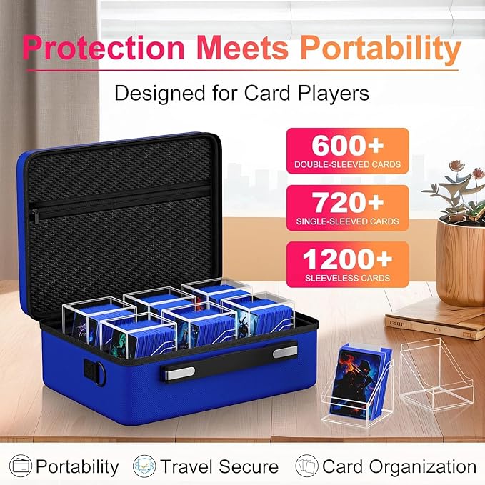 Proijeut Card Deck Box with Portable Case, 6 Pack Clear Commander Deck Box with 6 Dividers, Holds 600+ Double Sleeved Cards, Fit for MTG, YuGiOh, TCG (Blue)