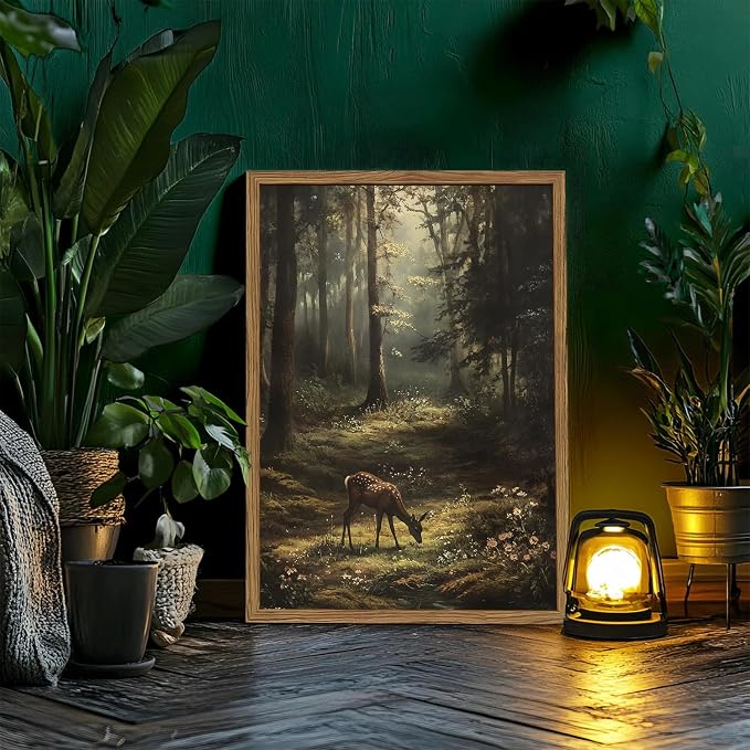 Framed Vintage Forest Deer Canvas Wall Art, Rustic Nature Landscape Paintings Wall Decor, Woodland Animal Pictures Prints Cottagecore Home Decor for Living Room Bedroom Office 8x10inch