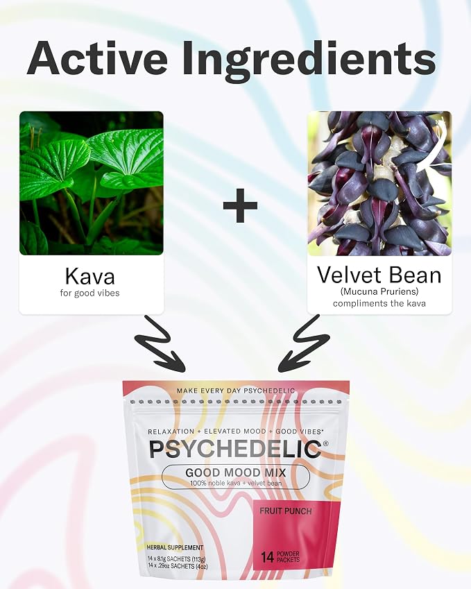Psychedelic Water Good Mood Mix - Fruit Punch - Powder Packets - Calming Kava Drink Mix - Easy Open Single-Serving - Flavored Kava Powder - Mucuna Pruriens - Stevia - Adaptogen Drink Mix - 14 Stick