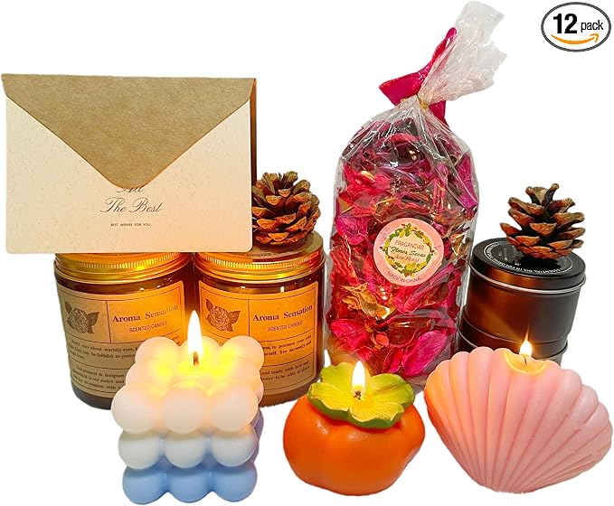 Scented Candles Gift for Women, 12 Pcs Candles & Greeting Card Set for Women, Aromatherapy Soy Wax Candles Gift Set for Birthday Valentine Anniversary Mother's Day Christmas ThanksGiving