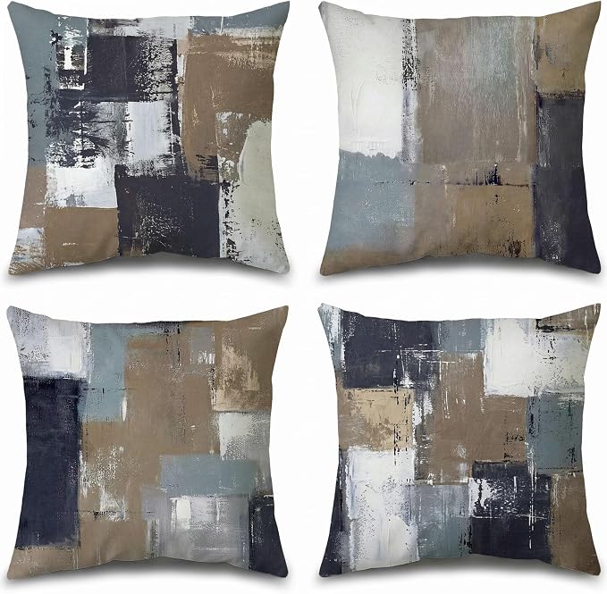 Brown Grey Abstract Throw Pillow Covers 16x16 Set of 4 | Brown, Grey & Taupe Modern‑Art Cushion Cases, neutral aesthetic pillowcases for sofa, bedroom & chair