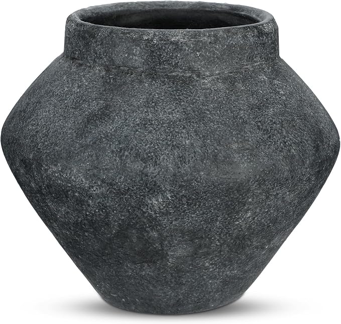 Briful Large Rustic Ceramic Vase with Distressed Finish, 8.2'' Tall Wide-Belly Decorative Flower Vases with Felt Pads, Retro Style Pottery for Home Decor, Table Centerpiece, Black