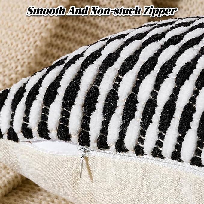 Set of 2 Boho Chenille Pillow Cover Decorative Tufted Pillowcase for Couch Bed Sofa Bedroom Living Room Modern 18 x 18-Inch Black