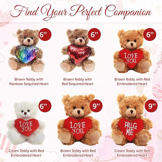 Plush Stuffed Animal Mocha Heart Bear – Love You Bears- Toy for Kids & Adults Valentine's Day - Embroidered Heart Pillow (6 inch, Brown Love You)