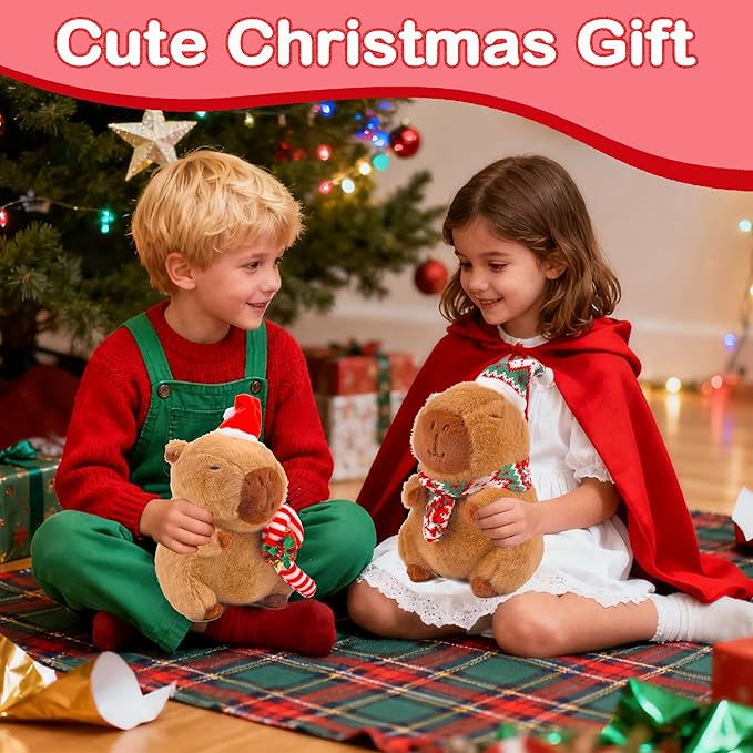 Christmas Capybara Stuffed Animal Plush, 10” Holiday Capybara Peluches with Santa Hat & Candy Cane, Cute Super Soft Funny Christmas Toy Gifts, Capybara Stuff Festive Decorations for Kids Boys Girls