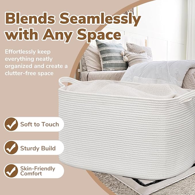 Goodpick 105L Extra Large Woven Rope Blanket Basket, Rectangle, White | 25'' x 16'' x 16'' Storage Basket for Blankets & Clothes, Living Room, Bedroom & Nursery Organization, Reinforced Handles