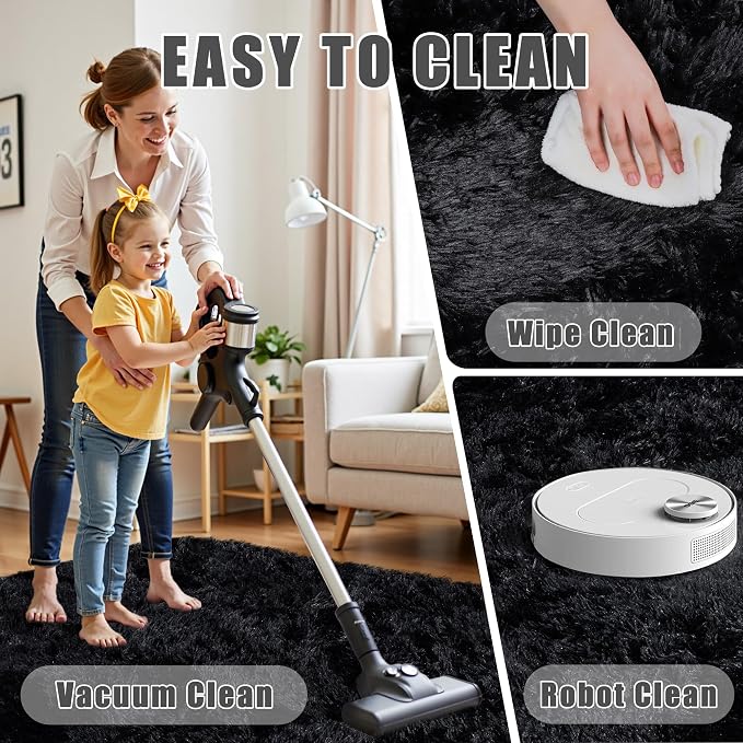 4x6 Area Rug for Living Room:Ultra Soft Fluffy Shag Black Rugs,Large Fuzzy Plush Indoor Non Slip Carpet Washable Rug for Bedroom Kids Nursery Office Dorm Modern Decor(Black 4'x6')
