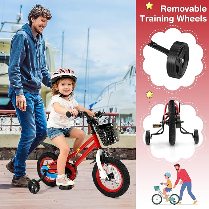 COSTWAY Kids Bike, 12 14 16 18 Inch Toddler Bike for Boys & Girls Aged 3-8 Years Old, Kids Bicycle w/Removable Training Wheels, Handbrake & Coaster Brake, Basket, Bell