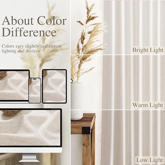 Nanspring Extra Long Linen Curtains 108 Inches Long 2 Panels Set for Living Room Privacy Farmhouse Semi Sheer Curtains Linen Textured Beige Curtain for Bedroom Large Window 70x108