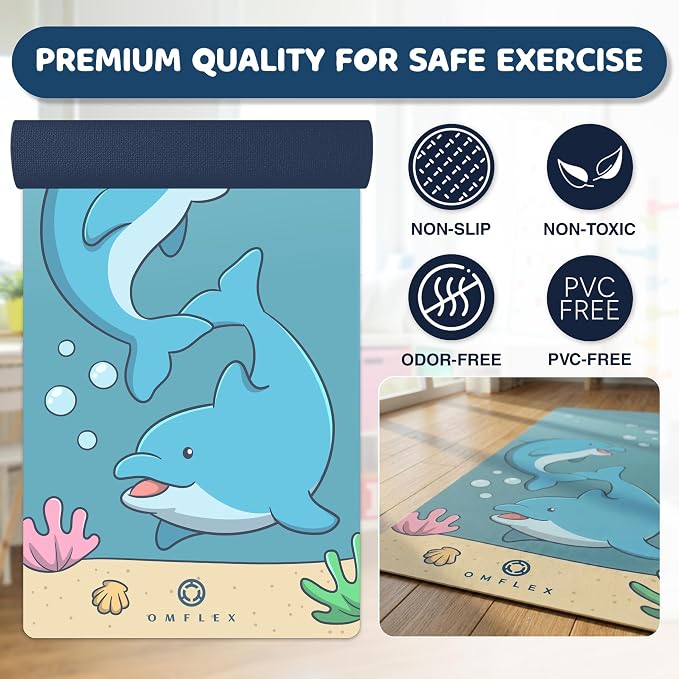 Kids Yoga Mat with Carrying Strap – 60"x24" Non-Slip Premium Exercise Mat for Kids, 3mm Thick Non-Toxic, PVC-Free Play Mat for Children, Dolphin, Car & Supergirl Designs