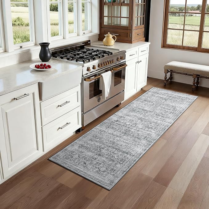 Lofus 2X6 Area Rugs for Hallways, Grey Washable Non-Slip Kitchen Runner Rug | Low Pile Runner Rugs, Soft Carpet for Kitchen Bathroom Bedroom Laundry, Stain Resistant, Low Pile, Vintage Distressed Rug