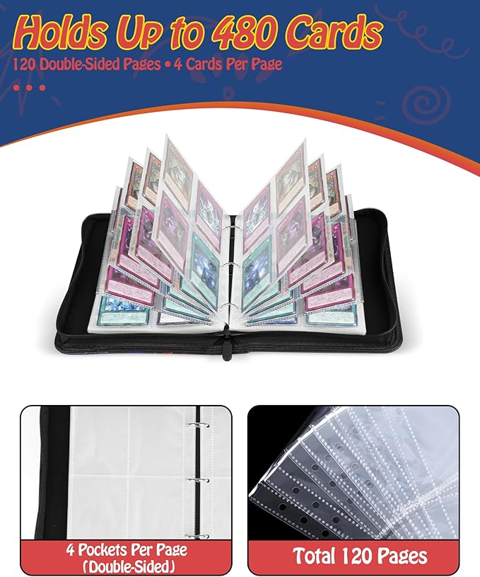 4-Pocket Trading Card Binder, 120 Pages Holds 480 Cards, PU Leather Side-Loading Card Album, Acid-Free Archival Sleeves, Durable Card Organizer for MTG, TCG and Sports Cards, Birthday & Christmas Gift