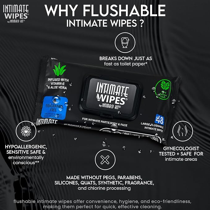 INTIMATE WIPES™ by INTIMACY KIT®, 48 Large Hygiene Wipes, pH Balanced, Hypoallergenic, Fragrance Free, infused with Vitamin-E, Chamomile & Aloe Vera, for Intimate Parts, Body & Face
