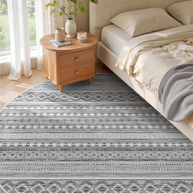 cotiled 8x8 Round Area Rugs Living Room Rug: Washable Boho Rugs with Non Slip Backing Large Soft Indoor Stain Resistant Carpet for Bedroom Farmhouse Dining Room Lightweight Home Decor Beige Grey
