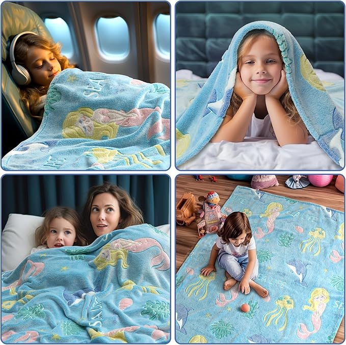 Glow in The Dark Blanket Mermaid Whale Gifts for Girls Boys,Soft Marine Life Blanket 3 4 5 6 7 8 9 10 Year Old Girl Gifts,Toddler Girls Toys Age 6-8,Valentine's Day Birthday Gifts Presents