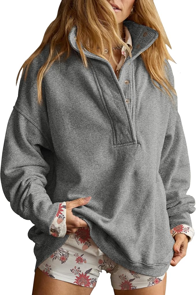Gacaky Sweatshirt for Women Oversized Casual Long Sleeve Button Henley Neck Pullover Tops Fashion Outfits Clothes