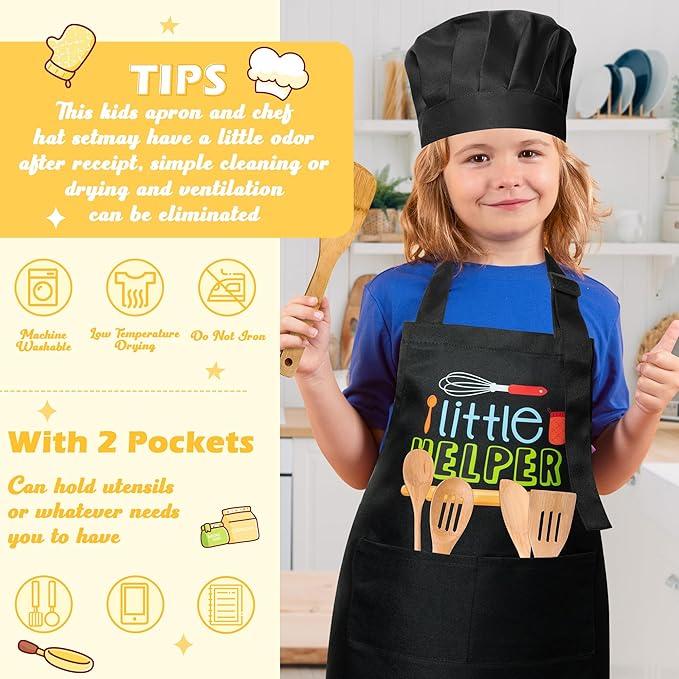 R HORSE 2Pcs Kid Apron and Chef Hat Set Adjustable Children Black Kitchen Apron Dress up Role Play Chef Toy Cooking Baking Painting and Training Kits Kid Funny Cooking Gift Birthday Gift for Kids