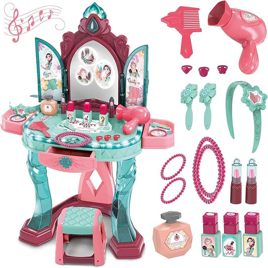 OLEOCA Toddler Vanity Table for Girls — Princess Makeup Playset with Light & Sound Mirror, Magic Sensor, Stool & Accessories, Pretend Beauty Toy for Ages 3+
