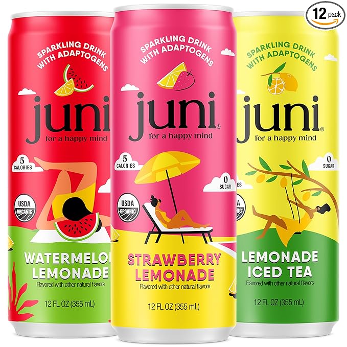 Juni Sparkling Adaptogen Drink with Ashwagandha, Lion’s Mane & Reishi Mushrooms, Green Tea for Focus, Zero Sugar, Strawberry, Watermelon, Lemonade Iced Tea, Variety Pack, 12-pack