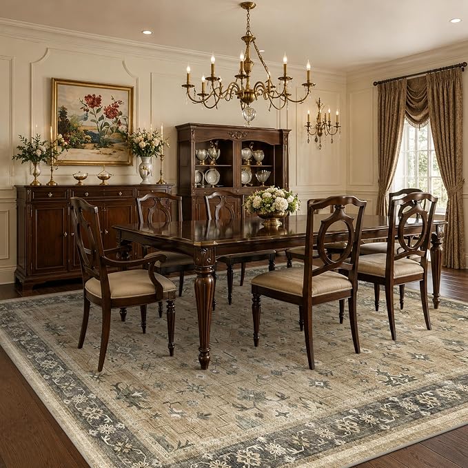 Warm Taupe Sage 9x12 Living Room Rug - Vintage Extra Large Area Rugs for Dining Room Under Table, Washable Low Pile Carpet for Bedroom Under the Bed, Non-Slip Stain & Fade Resistant