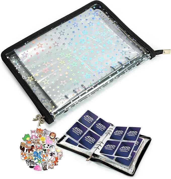 4 Pocket Card Binder with 20 Stickers, A5 Kpop Photocard Binder for 400 Cards, Trading Card Binder, Card Collection Binder, Cute Mini Card Binder for Gifts