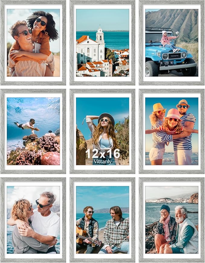 Vittanly 12x16 Picture Frames Set of 9 for Wall Mounting, Grey | Display Pictures 11x14 with Mat or 12x16 without Mat, Engineered Wood with Shatter Resistant Plexiglass, Gallery Photo Frames